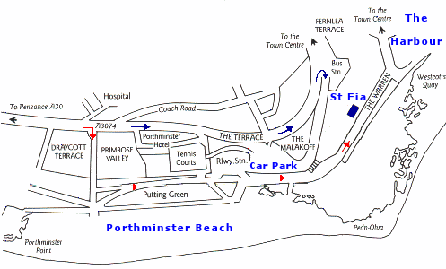 Map, directions for St Eia Cottage, St Ives